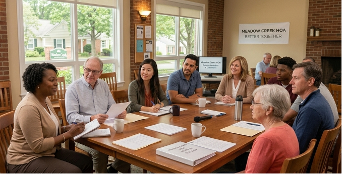 Self-managed HOA board members meeting around a table